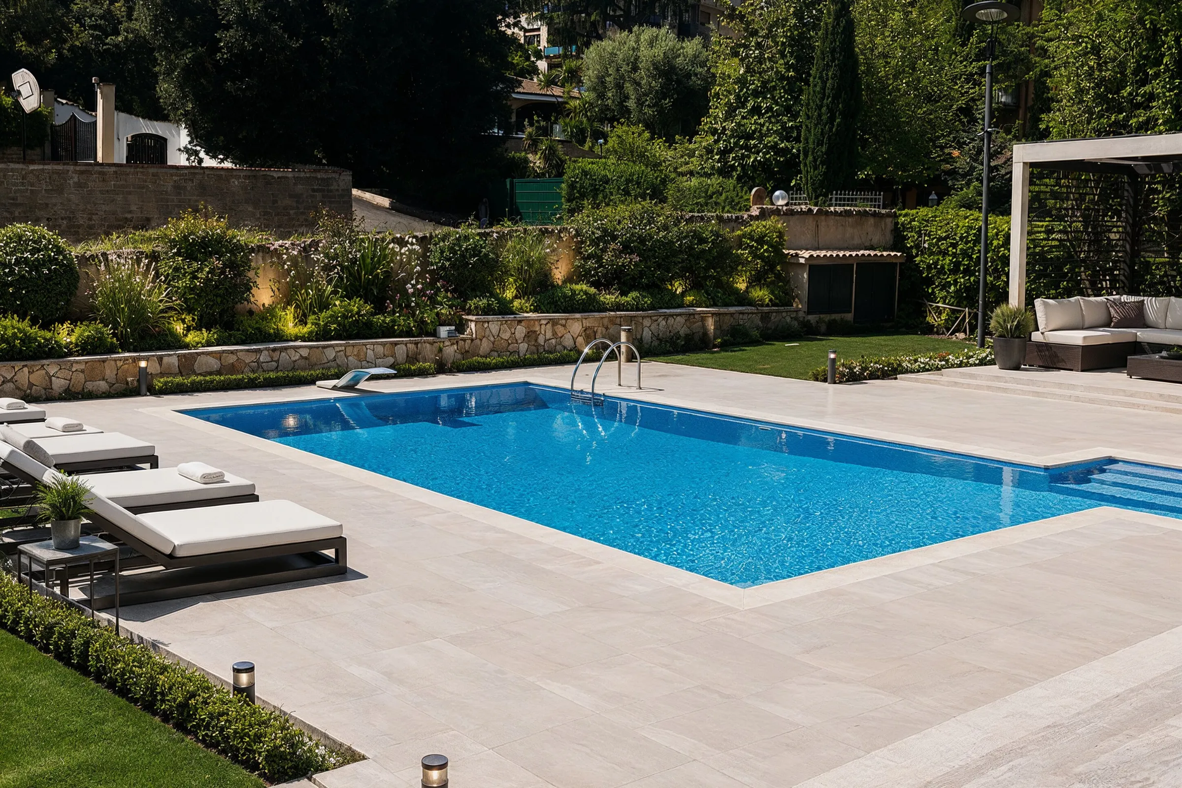After backyard remodeling project in Los Angeles with modern pool deck, outdoor living area, patio lounge space, landscape lighting, improved seating, and resort-style backyard design