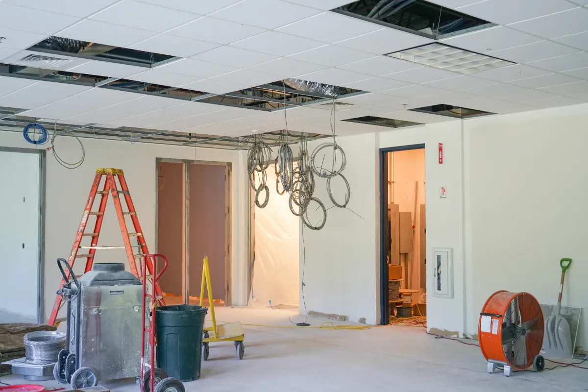 Commercial remodeling in Los Angeles with interior buildout, ceiling updates, electrical preparation, and business space renovation in progress