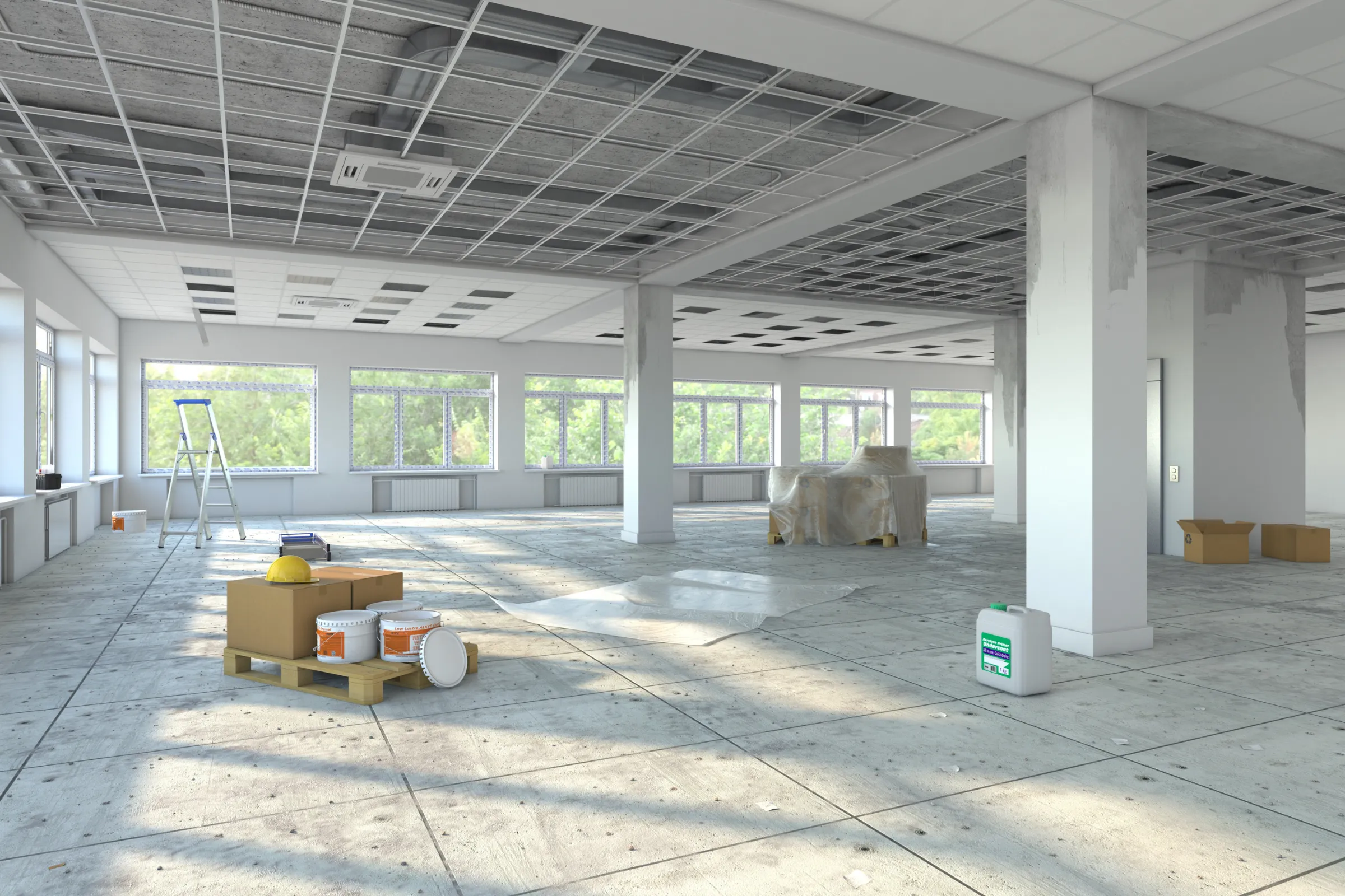 Commercial remodeling in Los Angeles with office renovation in progress, ceiling grid work, open floor preparation, and interior buildout construction