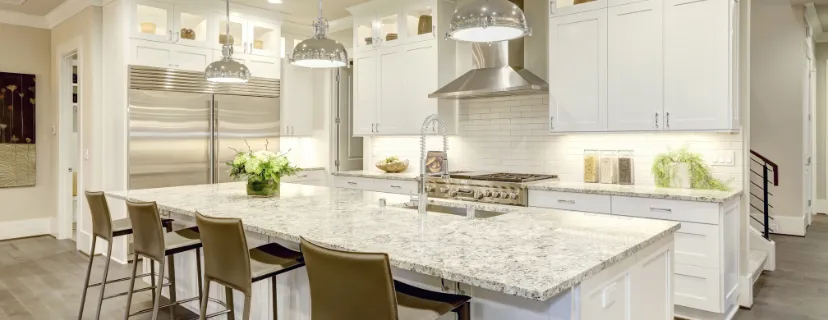 Kitchen remodeling cost guide in Los Angeles with large island, custom cabinets, stone countertops, stainless steel appliances, and modern kitchen finishes