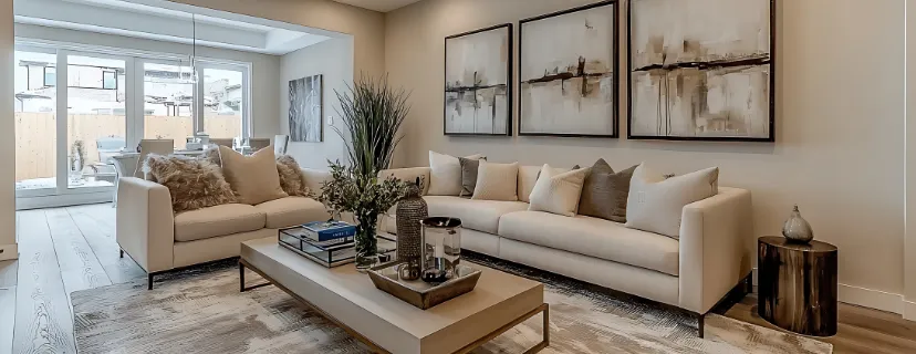 Completed Los Angeles home renovation after remodeling planning and permit preparation with modern living room, updated flooring, bright finishes, and open interior design